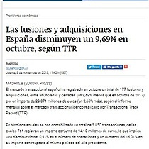 Las fusiones y adquisiciones en Espaa disminuyen un 9,69% en octubre, segn TTR